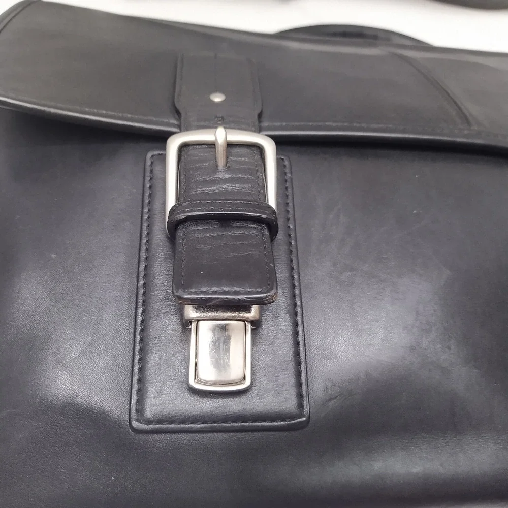 Coach Black Leather Double Pushlock Briefcase Laptop Business Crossbody Bag